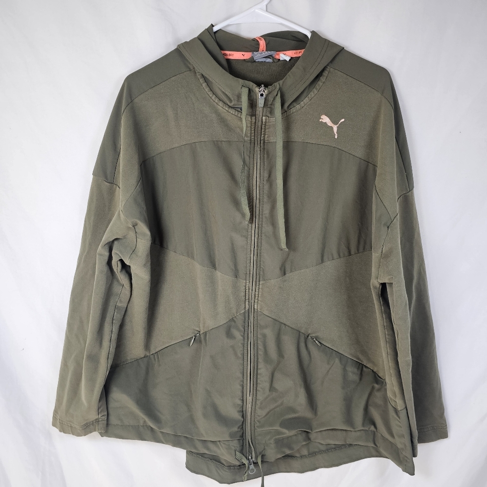 PUMA Sz L Long Sleeve‎ Zip Front Hooded Running Active Track Jacket Olive Green